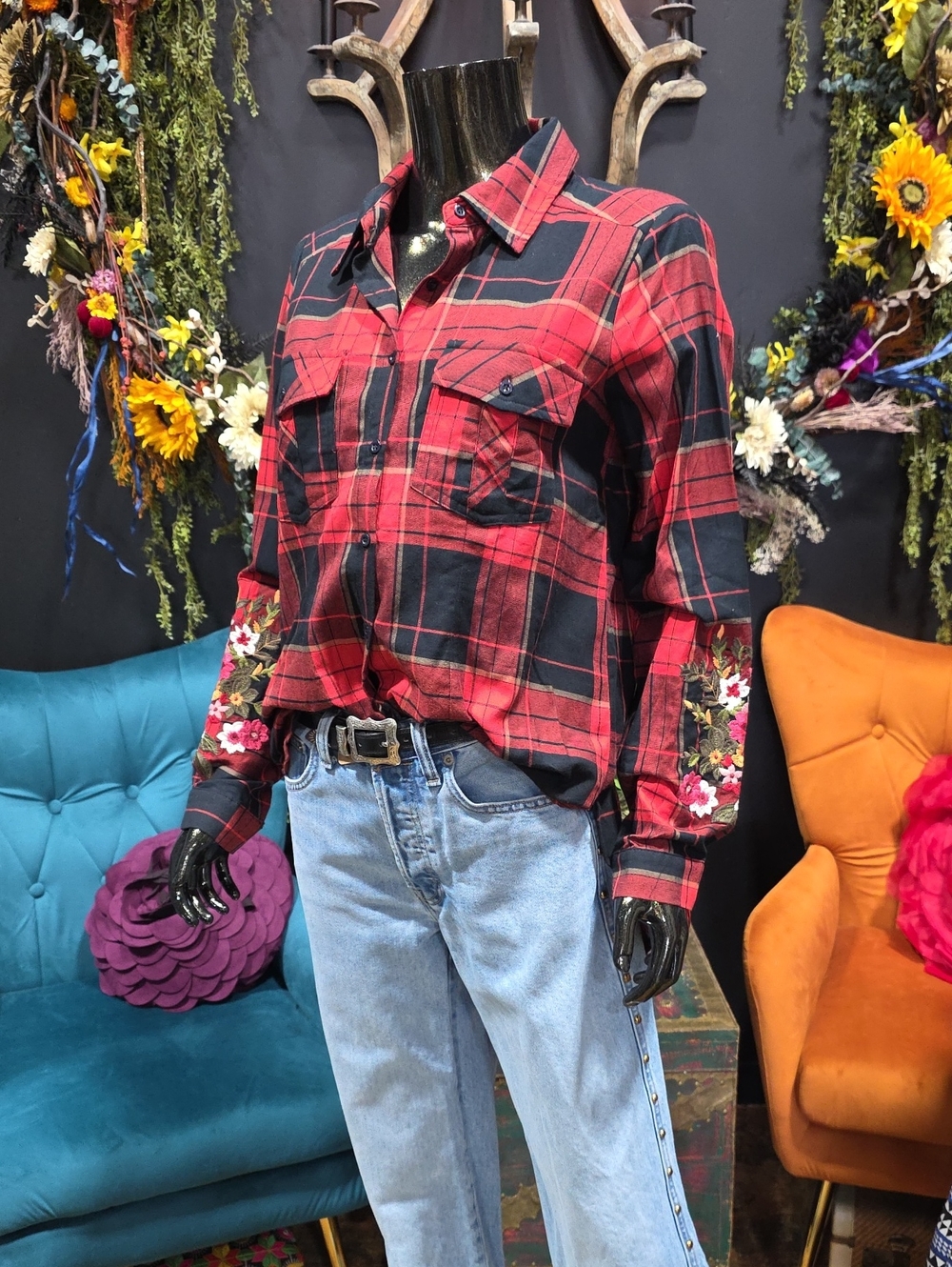 Andree Plaid Button-Up Shirt with Floral Embroidery & Back Detail